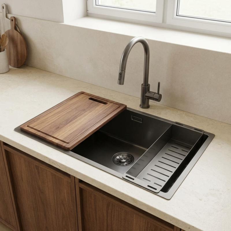 Pure.Sink Comfort grote PVD Gun metal spoelbak 70x40 cm 10mm radius onderbouw, vlakinbouw en opbouw PCM7040-61